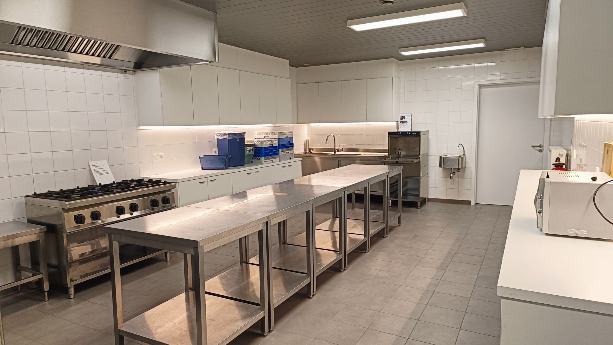 De keuken met roestvrijstalen werktafels, spoelbak en vaatwasmachine